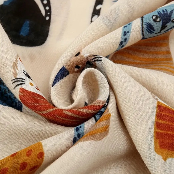 Cat Print Jumbo Shawl Scarf with Brown Trim New Boutique - Picture 3 of 6